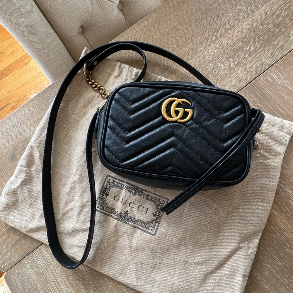 Gucci Black Quilted Matelassé Leather Crossbody with Gold GG